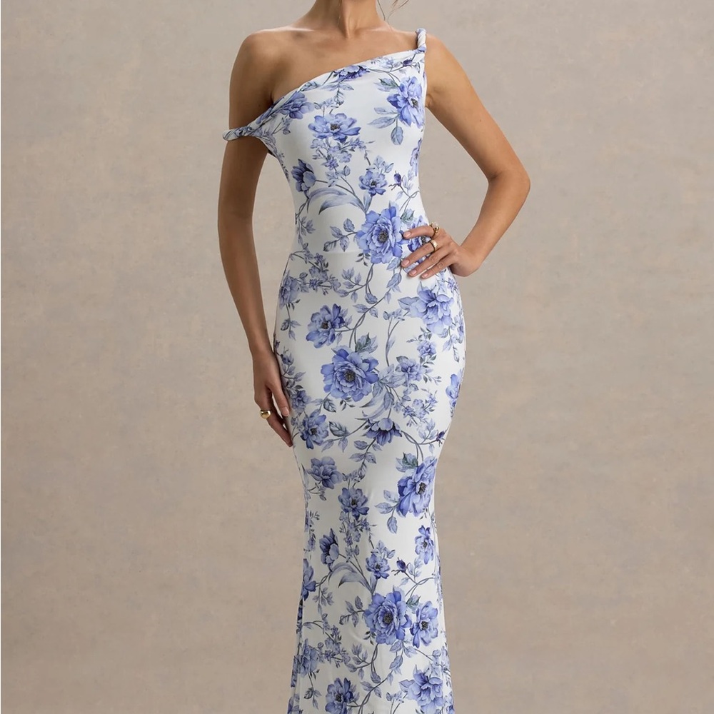 Club L London Blue and White Asymmetrical One Shoulder Dress